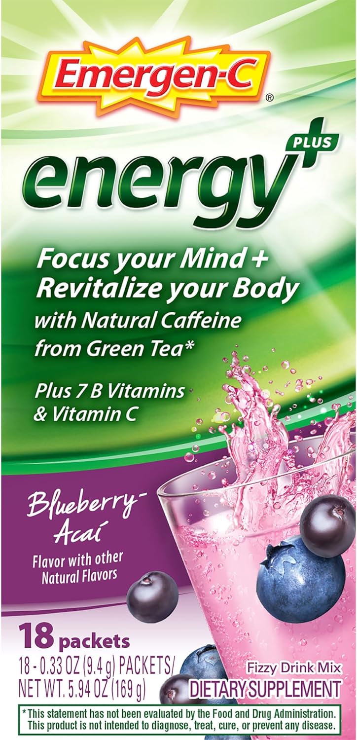 Emergen-C Energy+, With B Vitamins, Vitamin C And Natural Caffeine From Green Tea(Blueberry Acai Flavor) Dietary Supplement Drink Mix, 0.33 Ounce Powder Packets(Pack of 18)