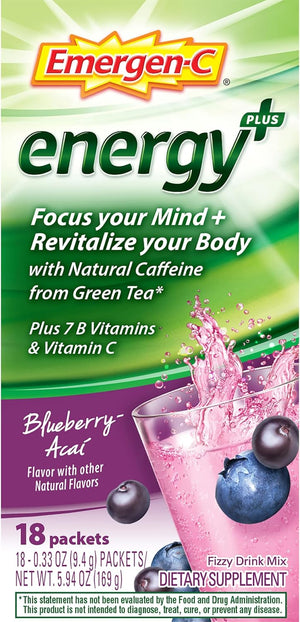 Emergen-C Energy+, With B Vitamins, Vitamin C And Natural Caffeine From Green Tea(Blueberry Acai Flavor) Dietary Supplement Drink Mix, 0.33 Ounce Powder Packets(Pack of 18)