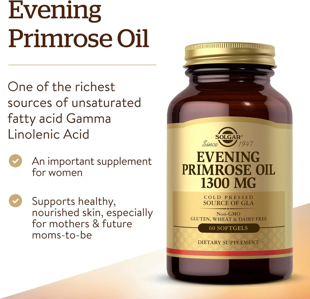 Solgar Evening Primrose Oil 1300 mg, 60 Softgels - Promotes Healthy Skin - Nutritional Support for Women - Non-GMO, Gluten Free, Dairy Free - 60 Servings