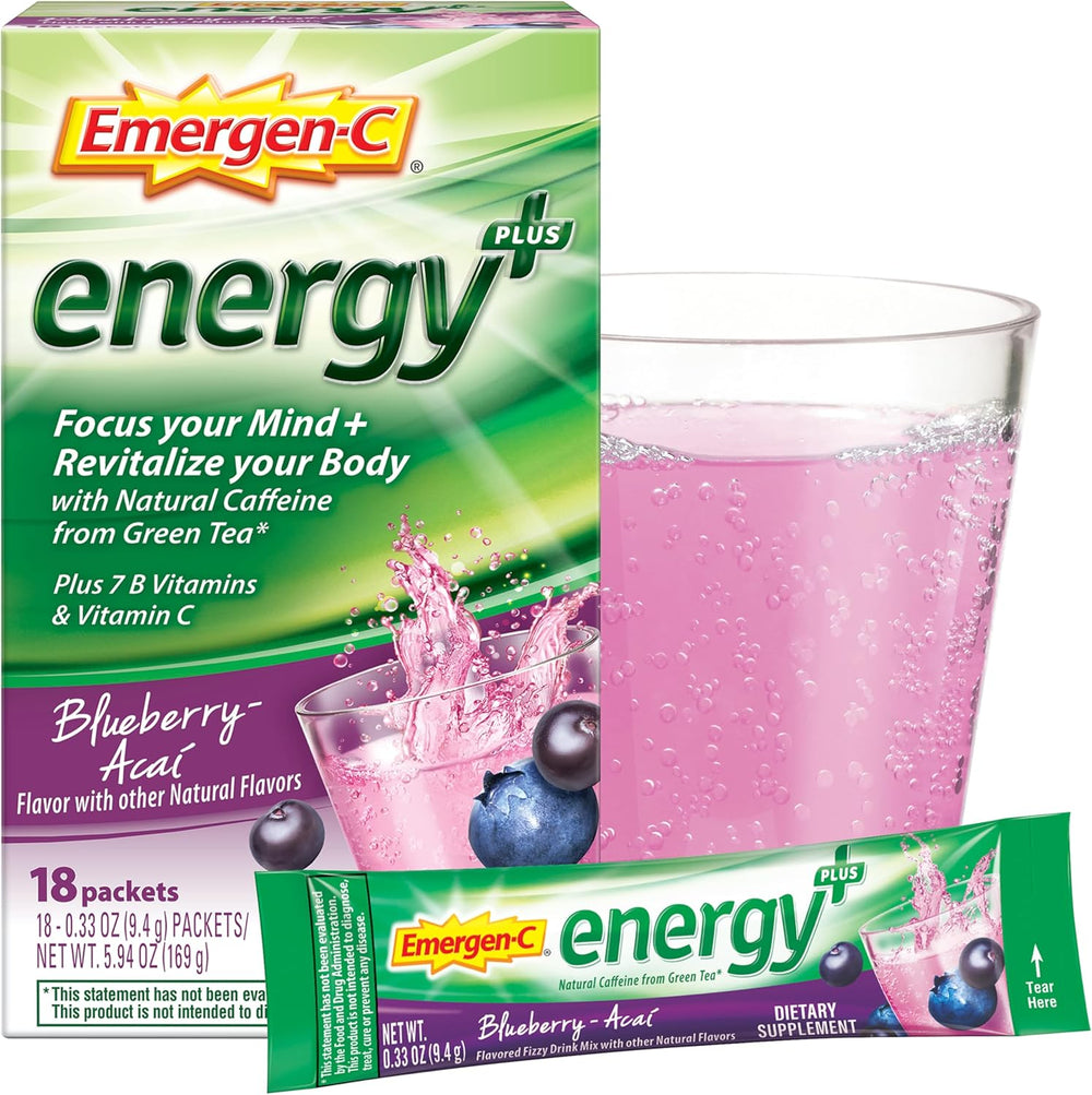 Emergen-C Energy+, With B Vitamins, Vitamin C And Natural Caffeine From Green Tea(Blueberry Acai Flavor) Dietary Supplement Drink Mix, 0.33 Ounce Powder Packets(Pack of 18)