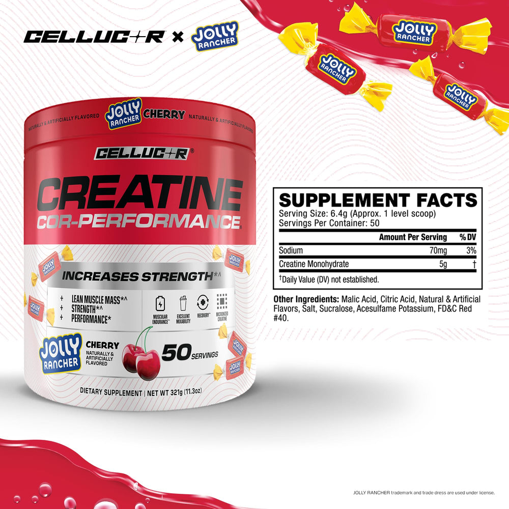 Cellucor Creatine Powder, Jolly Rancher Cherry- Increases Strength, Lean Muscle Mass & Endurance, Micronized Creatine for Fast Absorption, 5g Creatine per Serving, 50 Servings