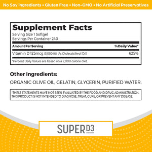 Orgain Super Vitamin D3 Supplement 5,000iu (125mcg) Immune, Bone, and Mood Support, Organic Olive Oil for Better Absorption - 8 Month Supply (240 Softgels)