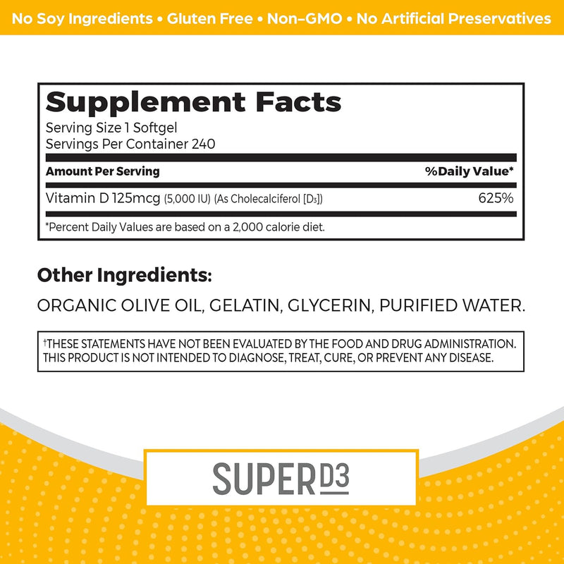 Orgain Super Vitamin D3 Supplement 5,000iu (125mcg) Immune, Bone, and Mood Support, Organic Olive Oil for Better Absorption - 8 Month Supply (240 Softgels)