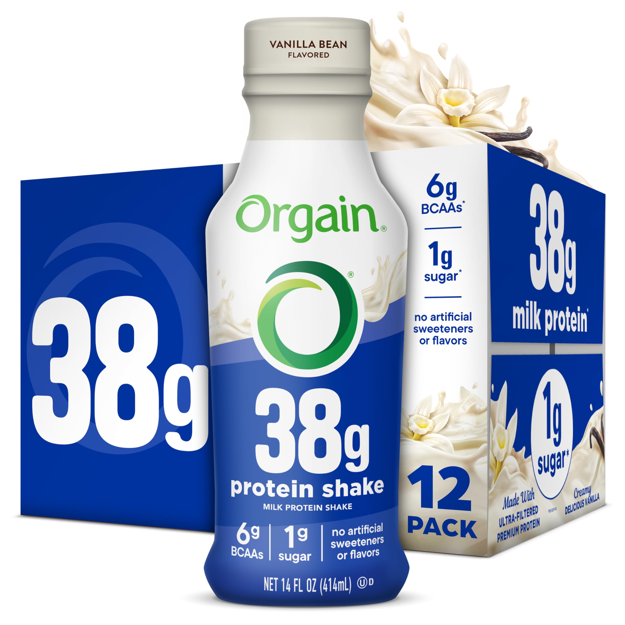 Orgain 38g High Protein Shake, Dairy Isolate Protein Milk, Vanilla, 6g BCAAs, 1g Sugar Per Serving, Meal Replacement, Ready to Drink, Keto Friendly, Gluten-Free 14 Fl Oz (Pack of 12)