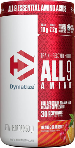 Dymatize All9 Amino, 7.2g of BCAAs, 10g of Full Spectrum Essential Amino Acids Per Serving for Recovery and Optimal Muscle Protein Synthesis, Orange Cranberry, 30 Servings, 15.87 Ounce