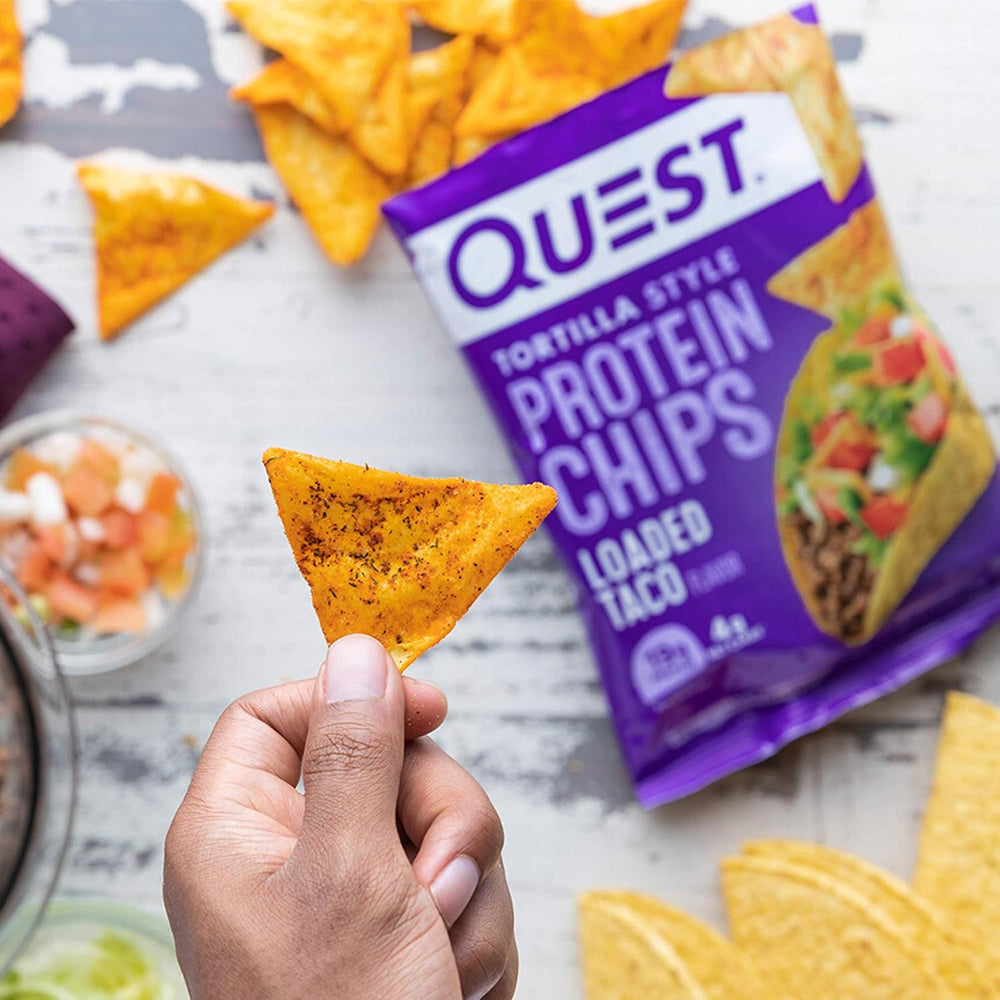 Quest Tortilla Protein Chips, Loaded Taco, Gluten Free, Pack of 12 & Peanut Butter Chocolate Chip Protein Cookies, Keto, Pack of 1 Bundle