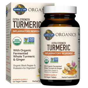 Garden of Life Organics Extra Strength Turmeric Inflammatory Response 60 Tablets-100mg Curcumin (95% Curcuminoids) Black Pepper, Probiotics, Organic Non-GMO Vegan Gluten Free Herbal Supplement