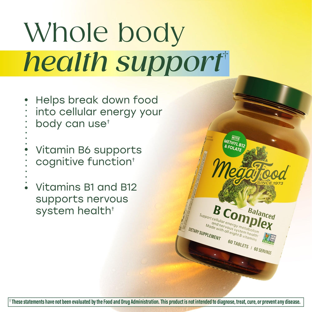 MegaFood Balanced B Complex - B Complex Vitamin Supplement, 8 B Vitamins including Vitamin B6, Vitamin B12, Folate, Biotin & more, Supports Cellular Energy Production, Vegan, Gluten Free - 30 Tablets