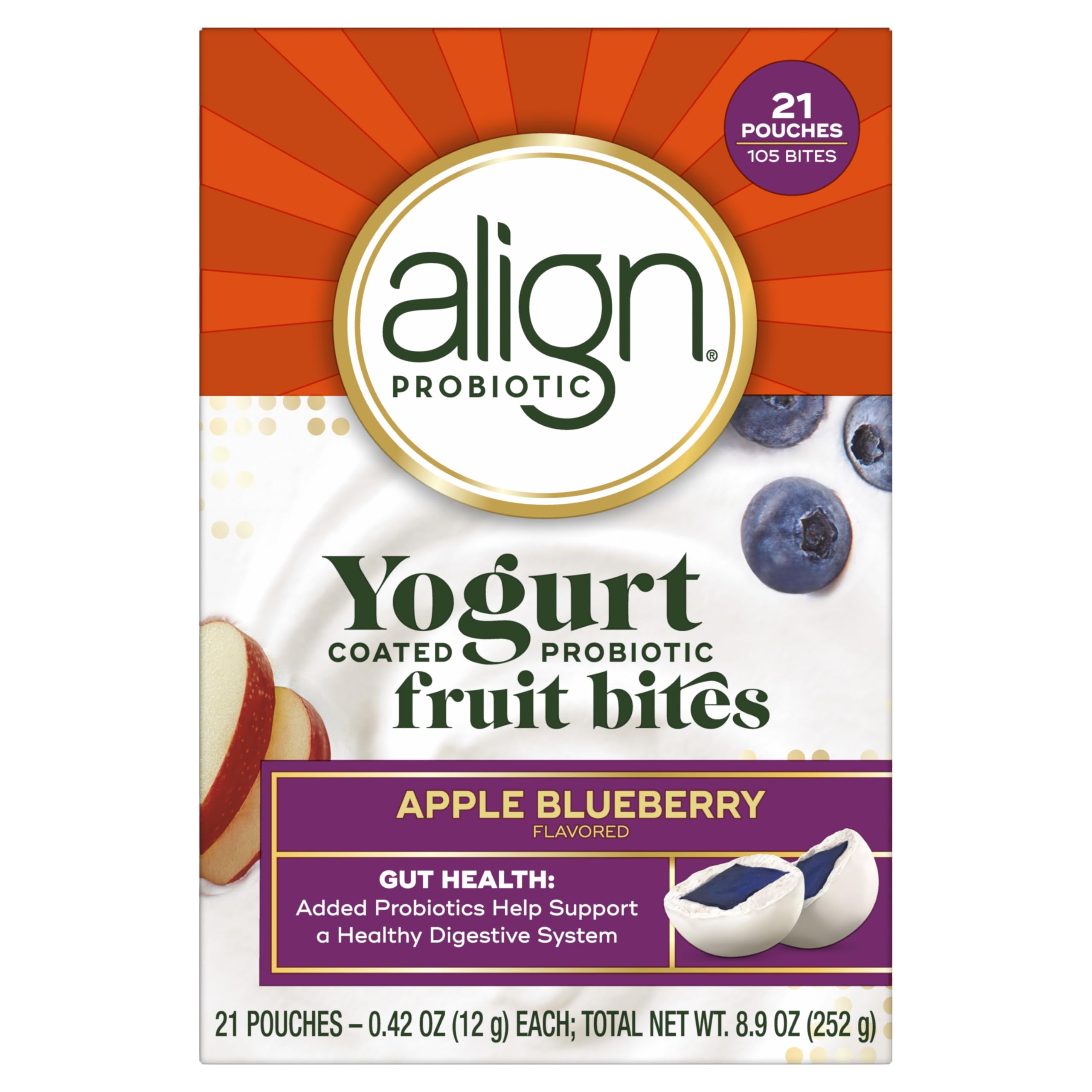 Align Probiotic, Kids Yogurt Coated Probiotic Fruit Bites, Added Probiotics Help Support Kids' Digestive Health, Apple Blueberry Flavored, 21 Individually Wrapped Pouches, 105 Bites