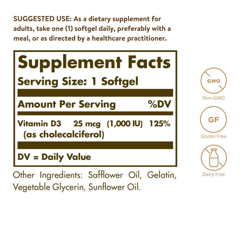 Solgar Vitamin D3 (Cholecalciferol) 25 MCG (1000 IU), 250 Softgels - Helps Maintain Healthy Bones & Teeth - Immune System Support - Non-GMO, Gluten-Free, Dairy Free - 250 Servings