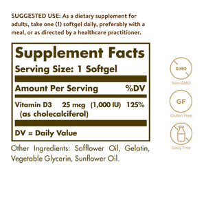 Solgar Vitamin D3 (Cholecalciferol) 25 MCG (1000 IU), 250 Softgels - Helps Maintain Healthy Bones & Teeth - Immune System Support - Non-GMO, Gluten-Free, Dairy Free - 250 Servings