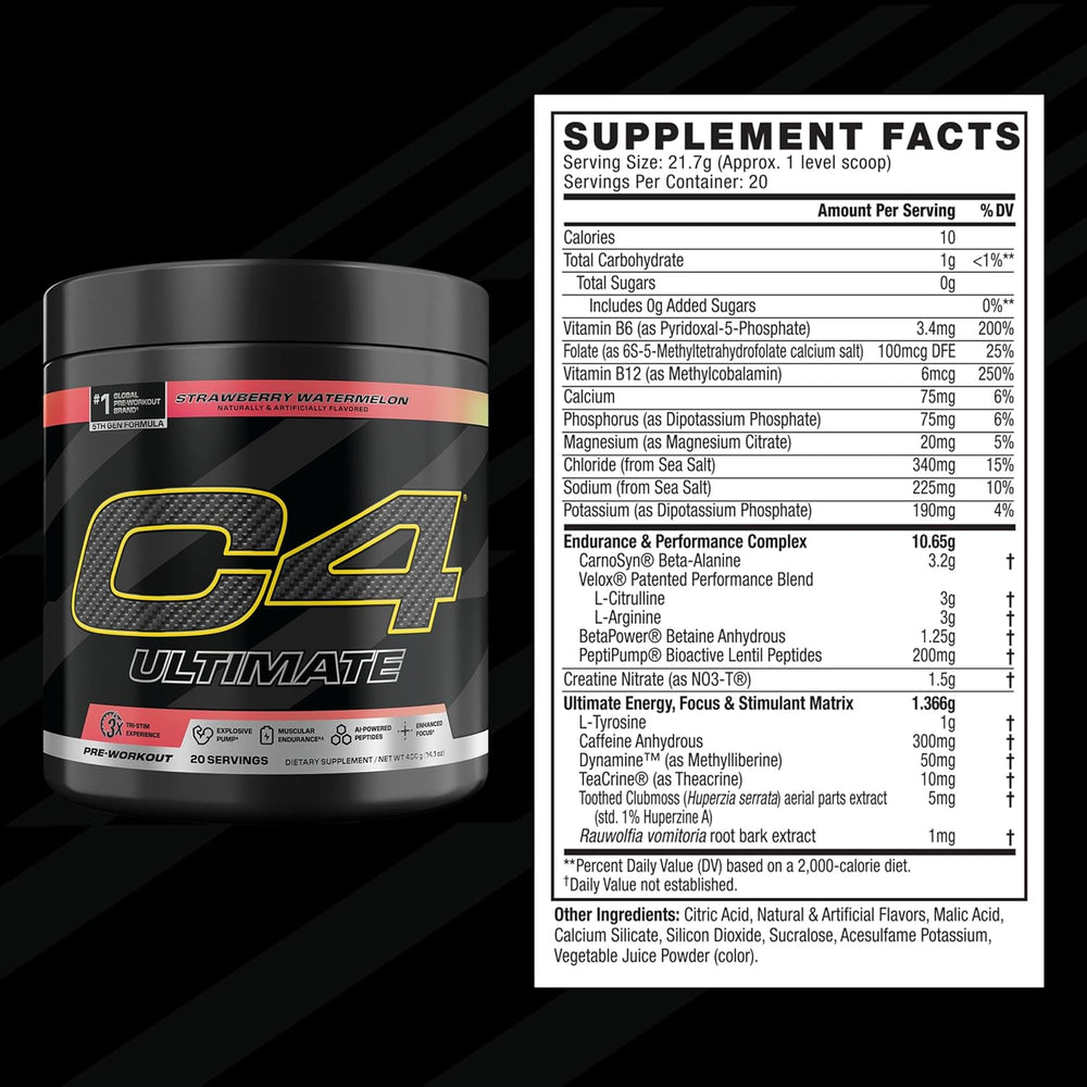 Cellucor C4 Ultimate Pre Workout Powder Strawberry Watermelon - Sugar Free Preworkout Energy Supplement for Men & Women - 300mg Caffeine + 3.2g Beta Alanine + 2 Patented Creatines - 20 Servings