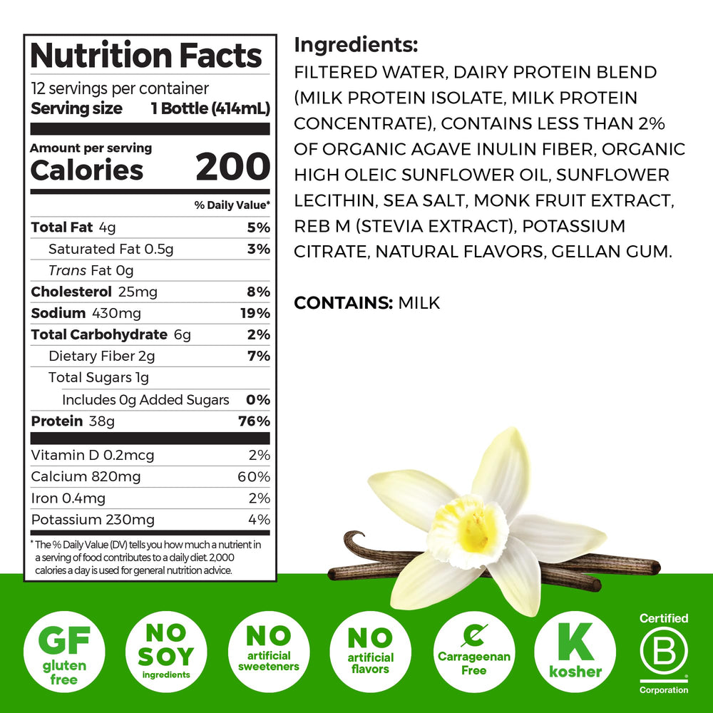 Orgain 38g High Protein Shake, Dairy Isolate Protein Milk, Vanilla, 6g BCAAs, 1g Sugar Per Serving, Meal Replacement, Ready to Drink, Keto Friendly, Gluten-Free 14 Fl Oz (Pack of 12)