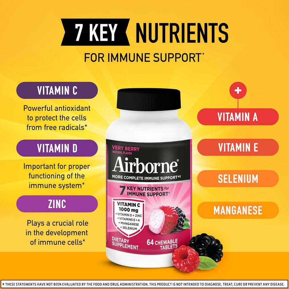 Airborne Berry Chewable Tablets, 64 count - 1000mg of Vitamin C - Immune Support Supplement