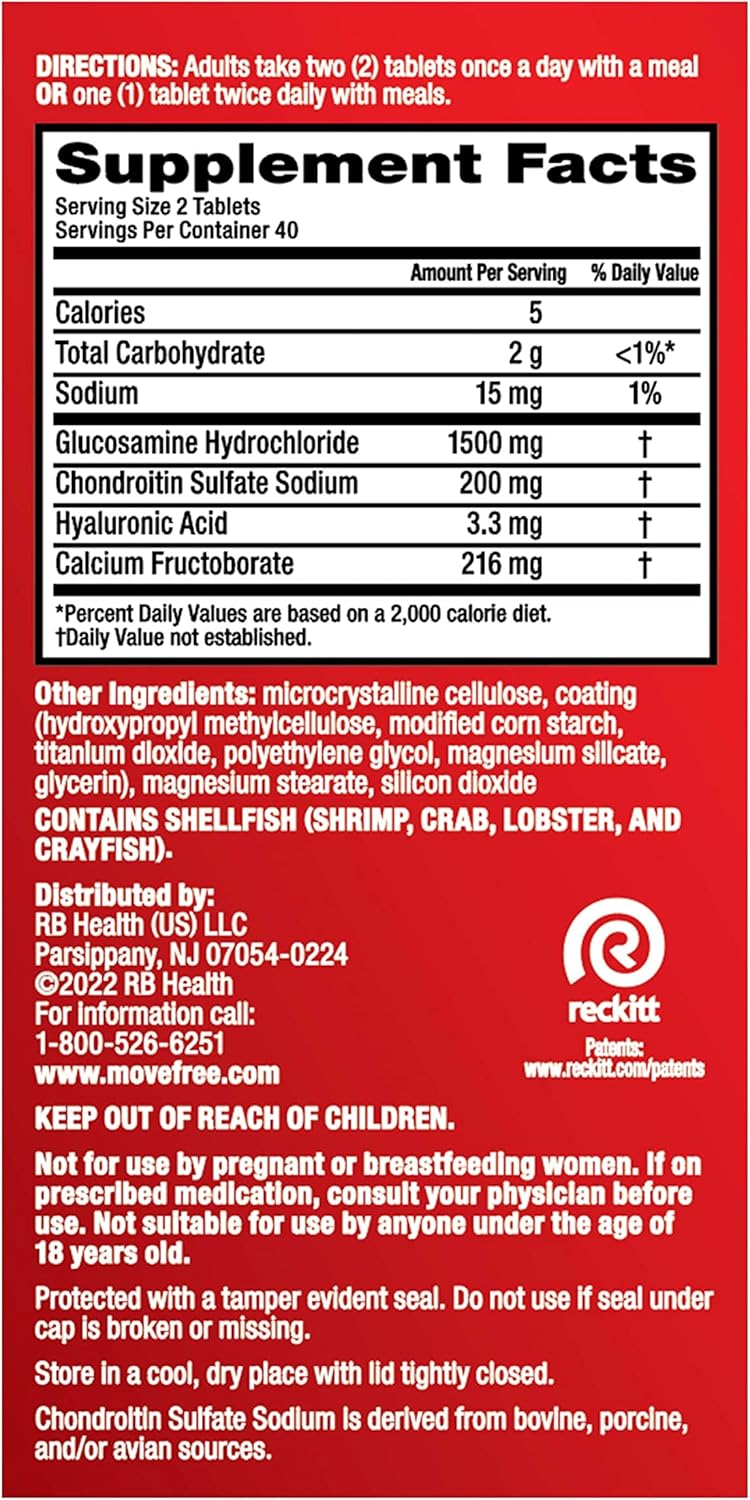 Move Free Advanced Glucosamine Chondroitin + Calcium Fructoborate Joint Support Supplement, Supports Mobility Comfort Strength Flexibility & Bone - 80 Tablets (40 servings)*