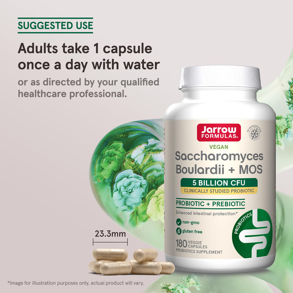 Jarrow Formulas Saccharomyces Boulardii + MOS Probiotics for Digestive Health and Intestinal Tract Support - 5 Billion CFU Per Serving - 180 Delayed Release Caps - Probiotic + Prebiotic - 180 Servings