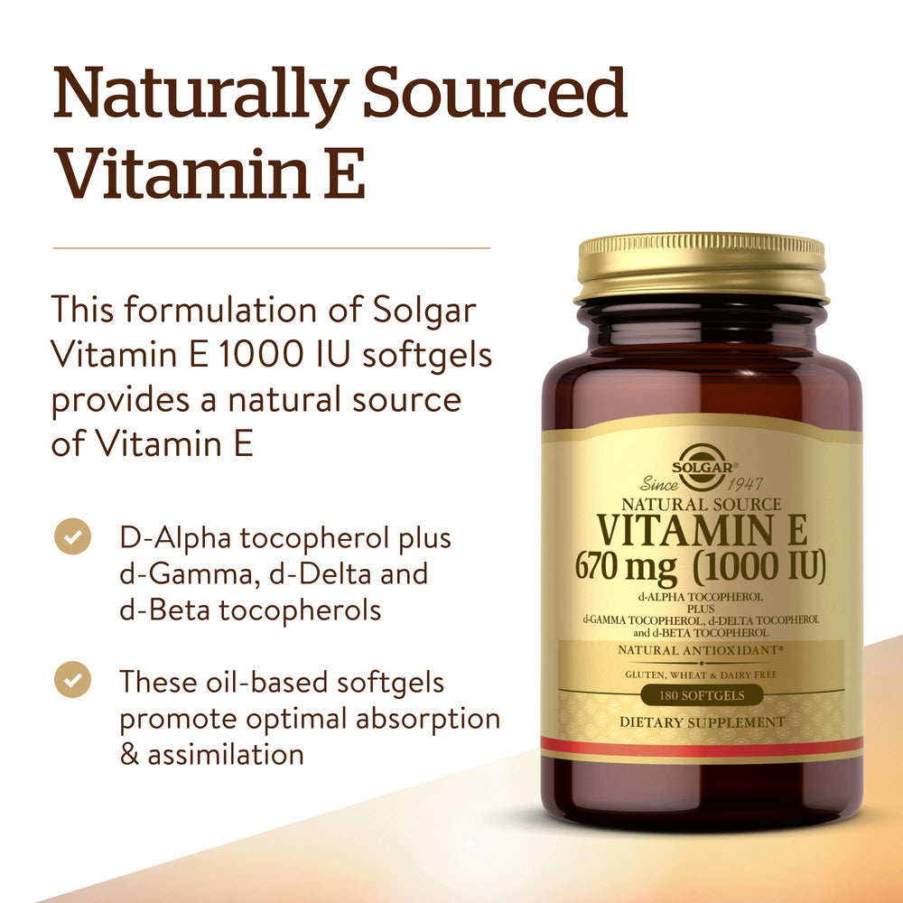 Solgar Vitamin E 670 mg (1000 IU), 180 Softgels - Natural Antioxidant, Skin & Immune System Support - Naturally-Sourced Vitamin E - Gluten Free, Dairy Free - 180 Servings