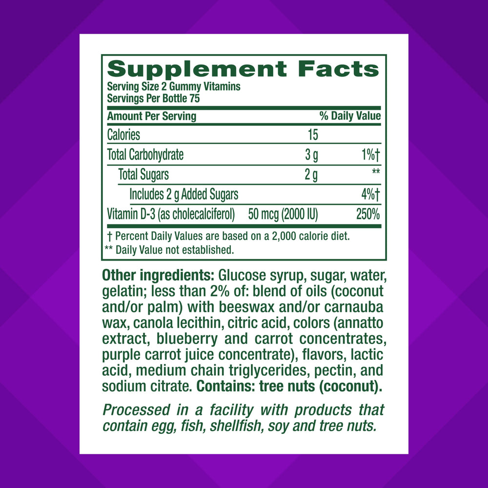 vitafusion Vitamin D3 Gummies, Bone and Immune Support, Peach, Blackberry, Strawberry Flavored, 50 mcg D3 Gummy Vitamin Supplement, 75 Day Supply, 150 Count