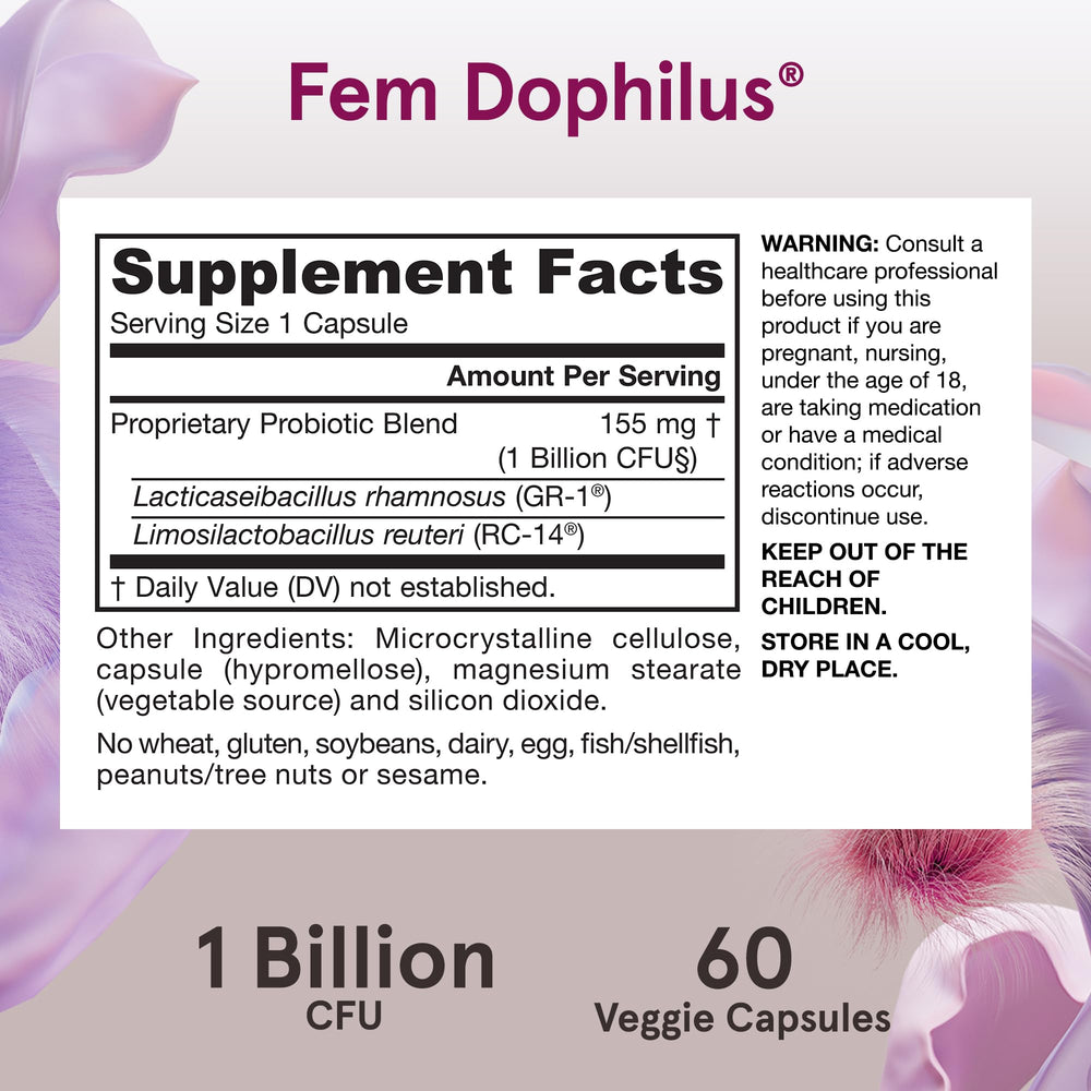 Jarrow Formulas Fem-Dophilus Probiotics 1 Billion CFU with 2 Science-Backed Strains, Dietary Suppl for Vaginal and Urinary Tract Supp,60 Veggie Caps,Up to a 60 Day Supply, Shelf-Stable,12 Packs