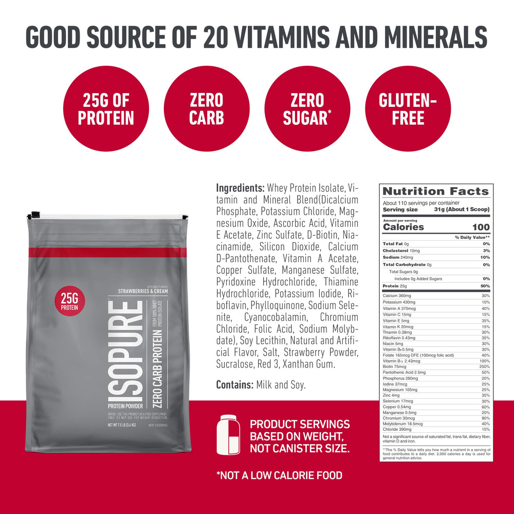 Isopure Bundle of Zero Carb 100% Pure Whey Isolate Protein Powder, Strawberries & Cream, 25g Protein Per Serving, 1 Lb, 15 Servings + Isopure 100% Pure Creatine Monohydrate Powder, 100 Servings