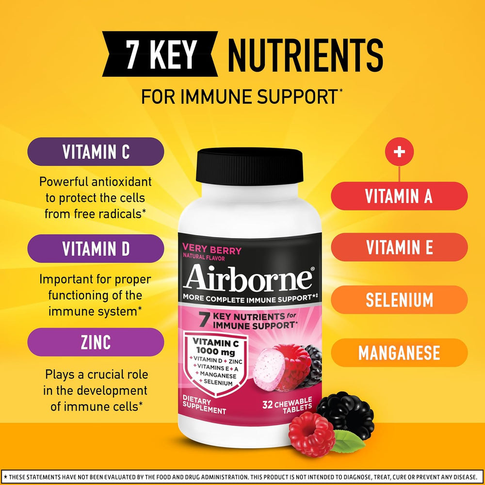 Airborne 1000mg Vitamin C Chewable Tablets With Zinc, Immune Support Supplement With Powerful Antioxidants Vitamins A C & E - 32 Chewable Tablets, Very Berry Flavor