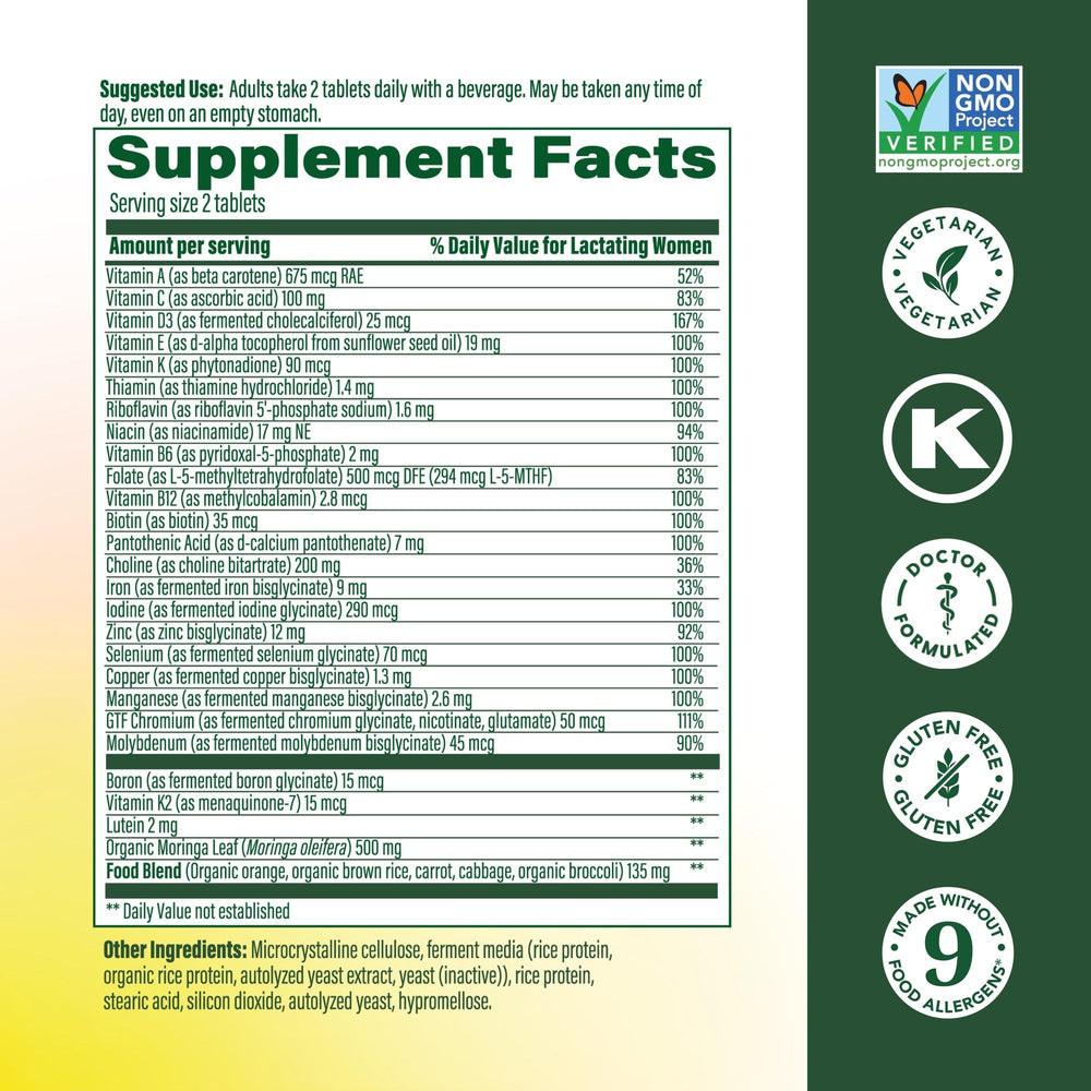 MegaFood Baby & Me 2 Postnatal Vitamins for Women Breastfeeding with Folate (Folic Acid Natural Form), Choline, Iodine, Vitamin D, Moringa Leaf and More - 120 Tabs (60 Servings)