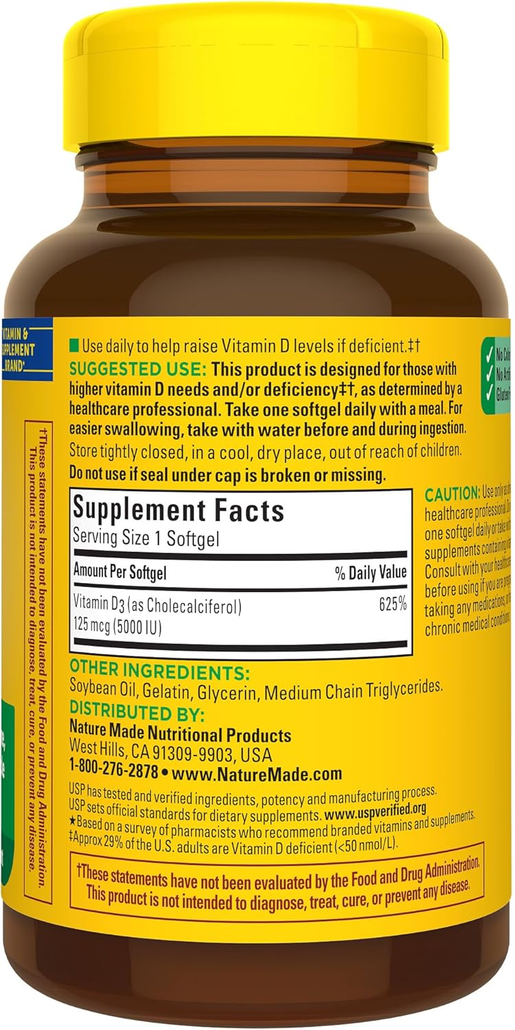 Nature Made Vitamin D3 5000 IU (125 mcg) Softgels, Extra Strength Vitamin D Supplement for Bone and Immune Health Support, 90 Softgels, 90 Day Supply