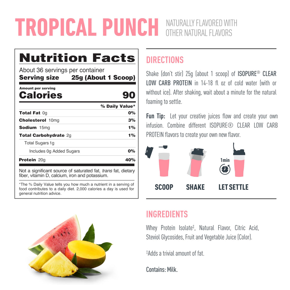 Isopure Clear Whey Isolate Protein Powder, Lactose Free, Gluten Free, Naturally Flavored, Pineapple Orange Banana, 20g Protein Per Serving, 1.9 Lb, 36 Servings (Packaging May Vary)