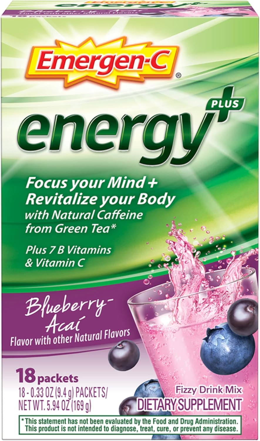 Emergen-C Energy+, With B Vitamins, Vitamin C And Natural Caffeine From Green Tea(Blueberry Acai Flavor) Dietary Supplement Drink Mix, 0.33 Ounce Powder Packets(Pack of 18)