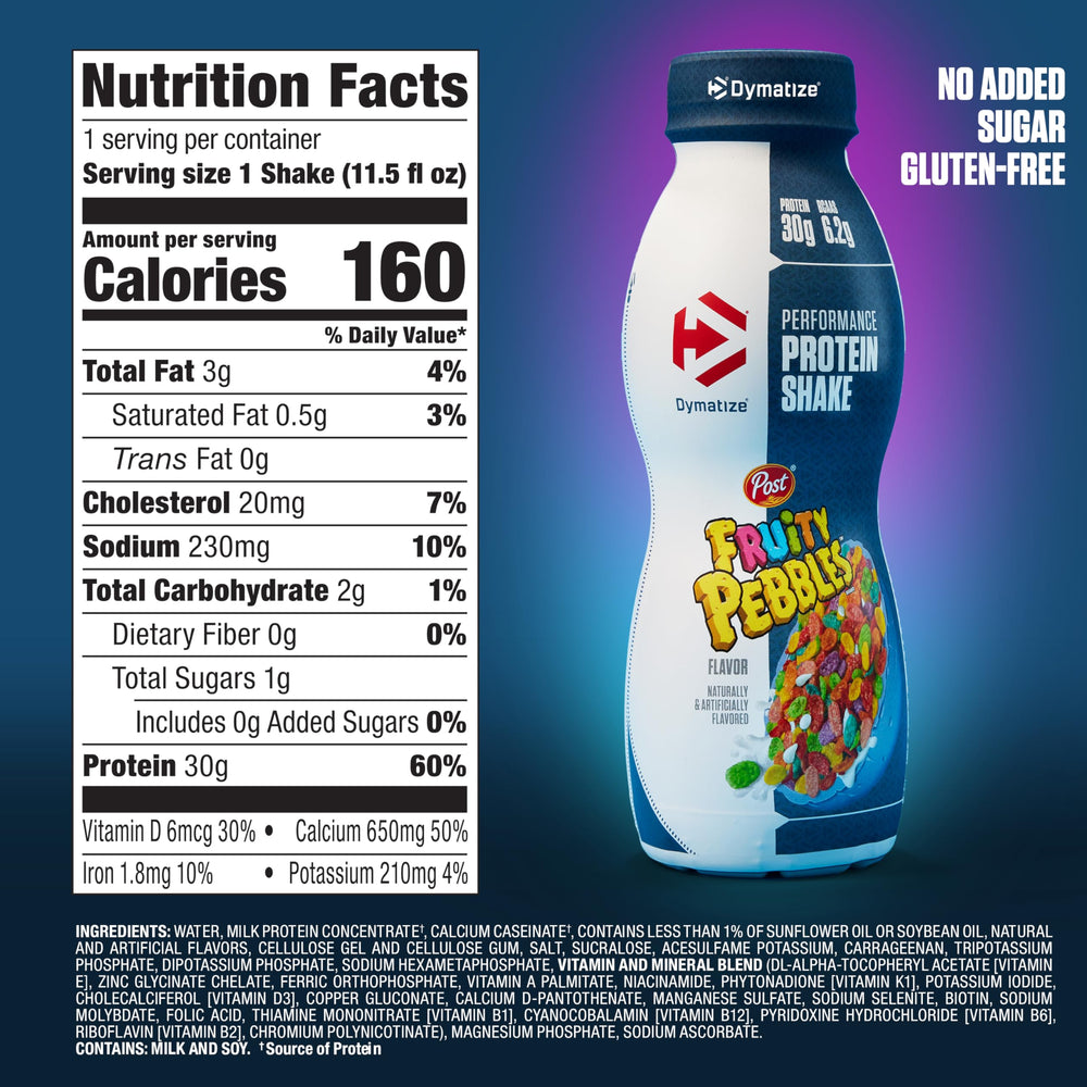 Dymatize Protein Shake, Fruity Pebbles, 30g Protein, Meal Replacement or Pre-Workout Drink, On-the-Go Breakfast, 6.2g BCAAs, No Added Sugar, Gluten Free, Ready to Drink, 11.5 fl oz