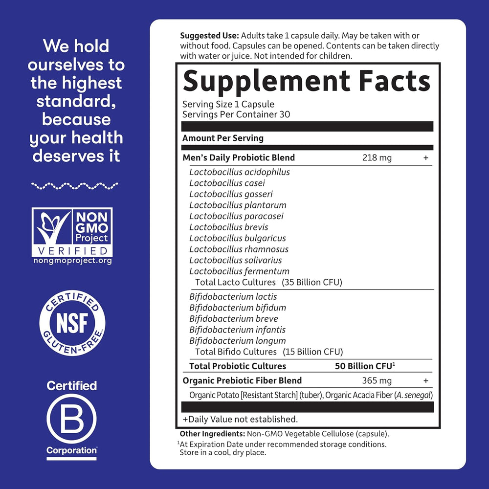 Garden of Life Probiotics for Men, Dr Formulated 50 Billion CFU 15 Probiotics for Digestive Health + Organic Prebiotic Fiber, Colon & Immune Support, Daily Gas Relief, Shelf Stable, 30 Capsules