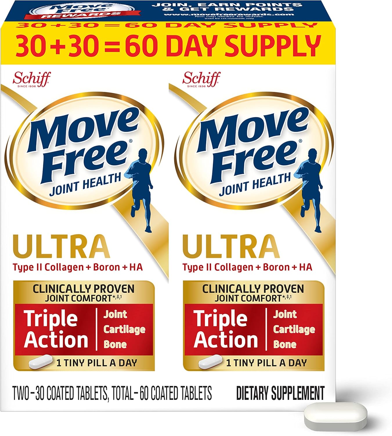 Move Free Ultra Triple Action Joint Support Supplement - Type II Collagen Boron & Hyaluronic Acid - Supports Joint Comfort, Cartiliage & Bones in 1 Tiny Pill Per Day, 2x30ct Bottles (60 servings)*