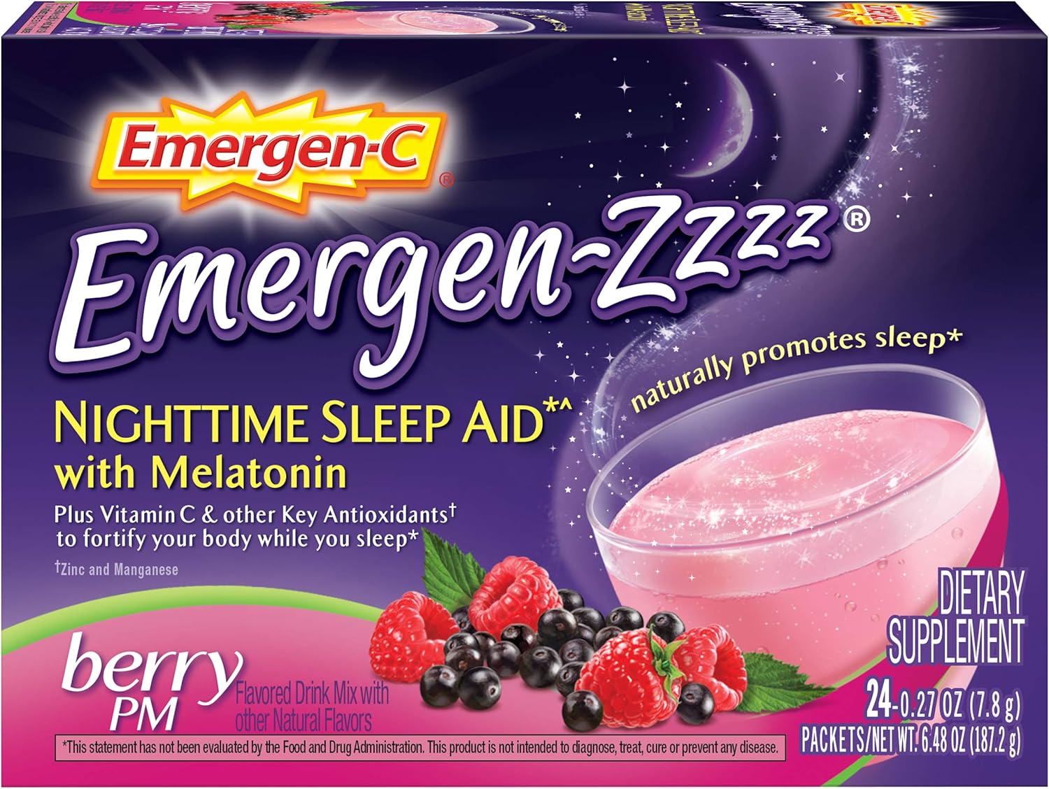 Emergen-C Emergen-Zzzz Nighttime Sleep Aid, With Melatonin And Vitamin C 500mg (24 Count, Berry PM Flavor) Dietary Supplement, 0.27 oz Powder Packets