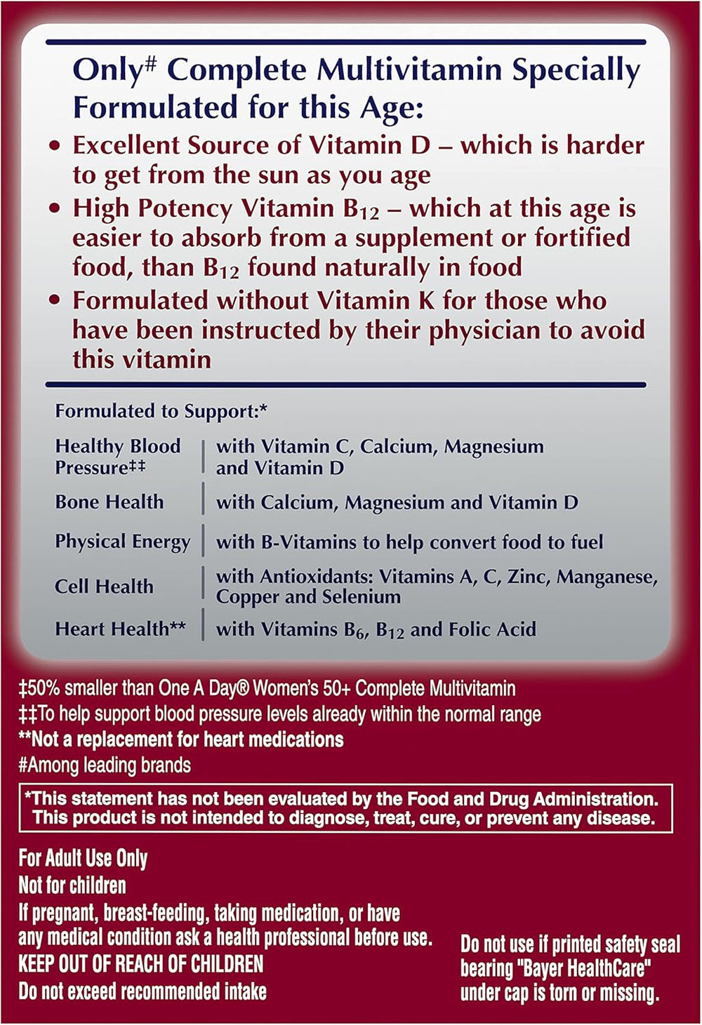One A Day Proactive 65+, Mens & Womens Multivitamin, Supplement with Vitamin A, C, D, and Zinc to Support Bone Health & Cell Health, Calcium, Folic Acid, Tablet 150 Count