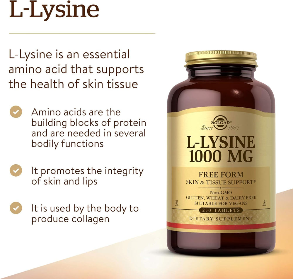 Solgar L-Lysine 1000 mg, 100 Tablets - Enhanced Absorption and Assimilation - Promotes Integrity of Skin and Lips - Collagen Support - Amino Acids - Non GMO, Vegan, Gluten Free - 100 Servings