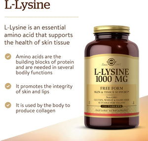 Solgar L-Lysine 1000 mg, 100 Tablets - Enhanced Absorption and Assimilation - Promotes Integrity of Skin and Lips - Collagen Support - Amino Acids - Non GMO, Vegan, Gluten Free - 100 Servings