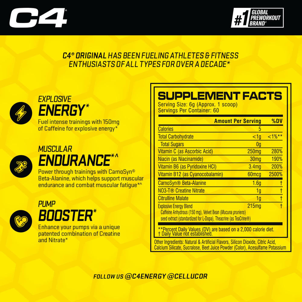Cellucor C4 Original Pre Workout Powder Frozen Bombsicle Sugar Free Preworkout Energy for Men & Women 150mg Caffeine + Beta Alanine + Creatine - 30 Servings (Packaging May Vary)