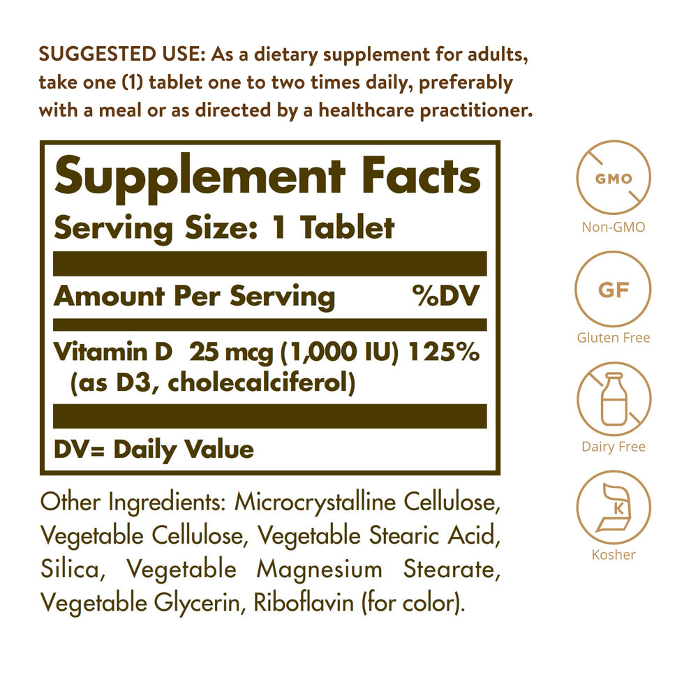 Solgar Vitamin D3 (Cholecalciferol) 25 mcg (1000 IU) – 180 Tablets - Helps Maintain Healthy Bones & Teeth - Immune System Support - Non-GMO, Gluten Free, Dairy Free, Kosher - 180 Servings