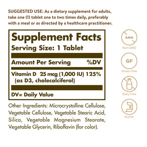 Solgar Vitamin D3 (Cholecalciferol) 25 mcg (1000 IU) – 180 Tablets - Helps Maintain Healthy Bones & Teeth - Immune System Support - Non-GMO, Gluten Free, Dairy Free, Kosher - 180 Servings