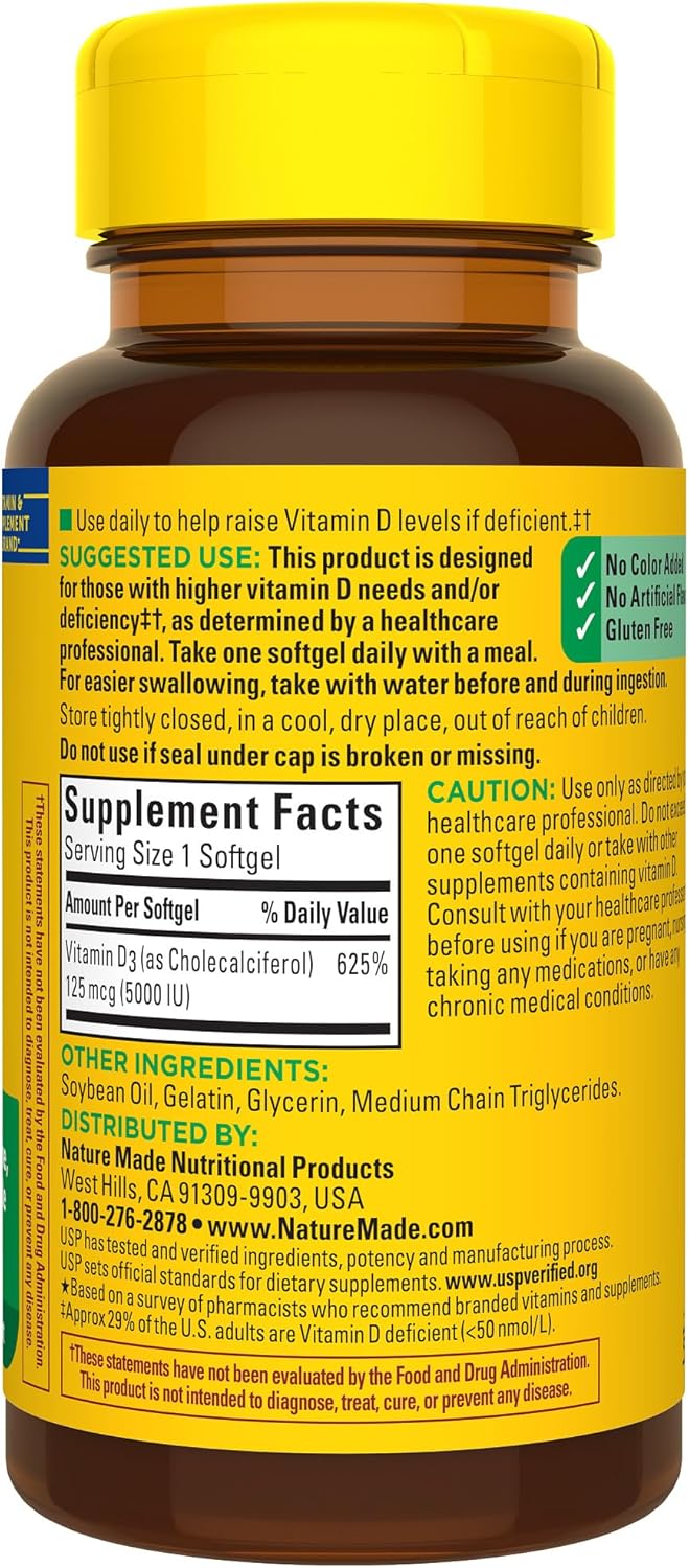 Nature Made Vitamin D3 5000 IU (125 mcg) Softgels, Extra Strength Vitamin D Supplement for Bone and Immune Health Support, 90 Softgels, 90 Day Supply