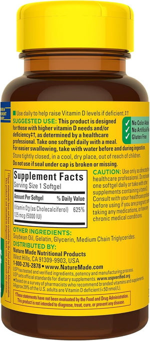 Nature Made Vitamin D3 5000 IU (125 mcg) Softgels, Extra Strength Vitamin D Supplement for Bone and Immune Health Support, 90 Softgels, 90 Day Supply