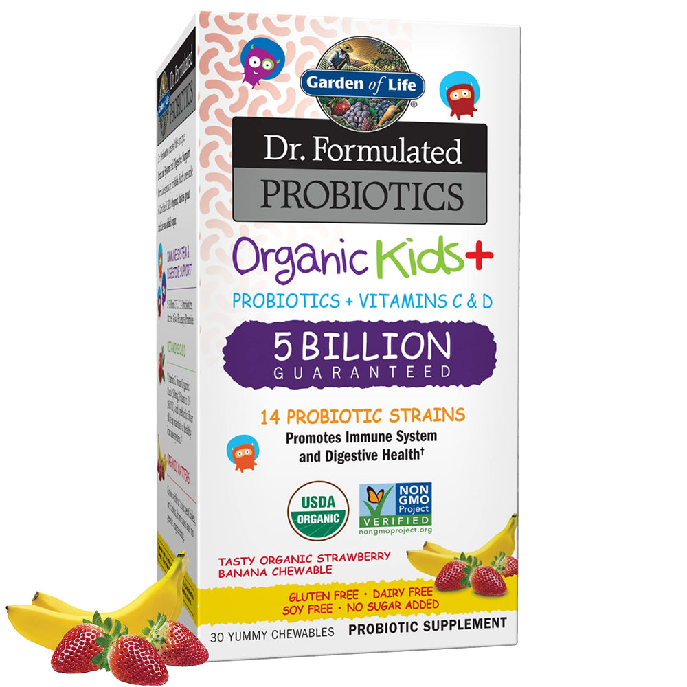 Garden of Life Dr. Formulated Probiotics Organic Kids+ plus Vitamin C & D - Berry Cherry - Gluten, Dairy & Soy Free Immune & Digestive Health Supplement, No Added Sugar, 30 Chewables (Shelf Stable)