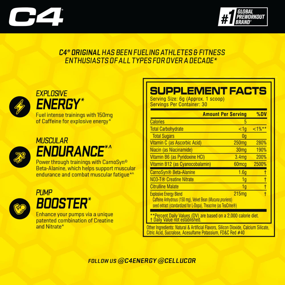 Cellucor C4 Original Pre Workout Powder Frozen Bombsicle Sugar Free Preworkout Energy for Men & Women 150mg Caffeine + Beta Alanine + Creatine - 30 Servings (Packaging May Vary)
