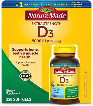 Nature Made Vitamin D3 5000 IU (125 mcg) Softgels, Extra Strength Vitamin D Supplement for Bone and Immune Health Support, 90 Softgels, 90 Day Supply