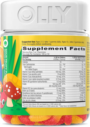 OLLY Kids Multivitamin Gummy Worms, Overall Health and Immune Support, Vitamins and Minerals A, C, D, E, Bs and Zinc, Kids Chewable Supplement, Sour Fruit Punch, 45 Day Supply - 100 Count