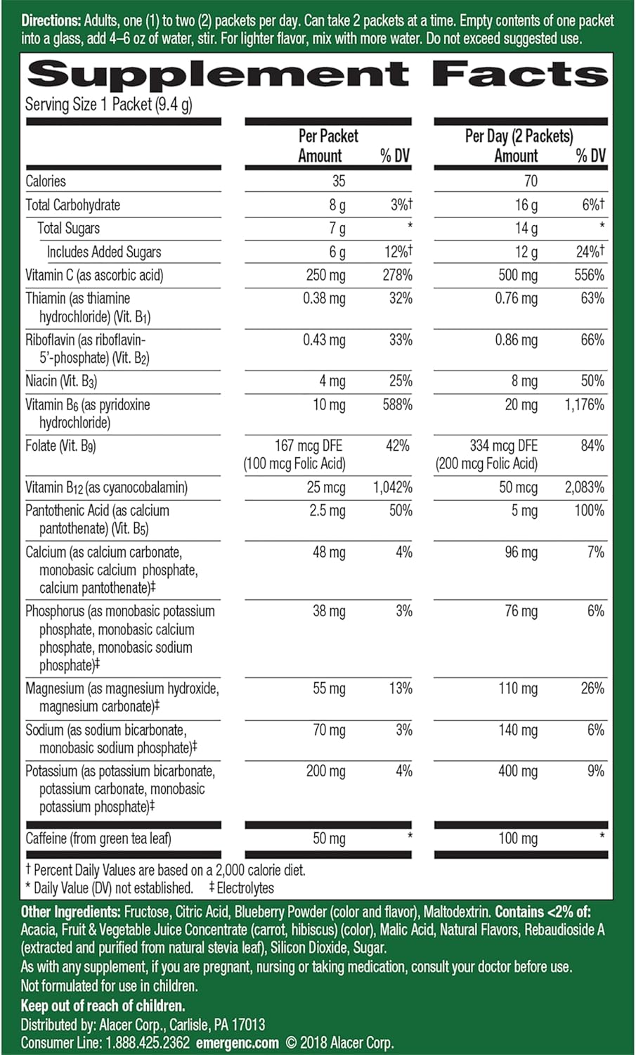 Emergen-C Energy+, With B Vitamins, Vitamin C And Natural Caffeine From Green Tea(Blueberry Acai Flavor) Dietary Supplement Drink Mix, 0.33 Ounce Powder Packets(Pack of 18)