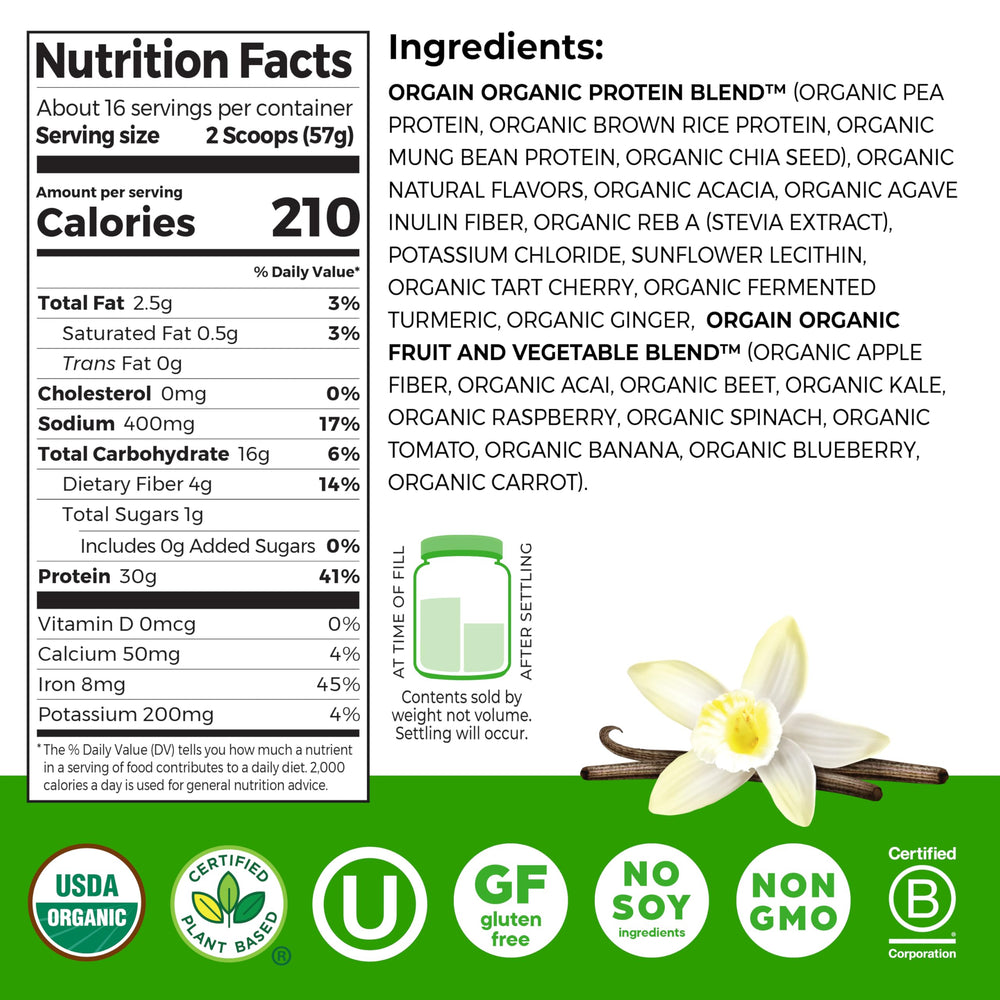 Orgain Organic 30g Vegan Plant Protein Powder, Vanilla, 9g EAAs + BCAAs, High Plant Protein, 4g Prebiotic + Fiber, 1g Sugar, Pre-Workout, Muscle Support + Recovery - 2.01lb (Packaging May Vary)