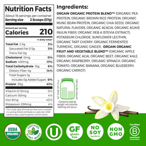 Orgain Organic 30g Vegan Plant Protein Powder, Vanilla, 9g EAAs + BCAAs, High Plant Protein, 4g Prebiotic + Fiber, 1g Sugar, Pre-Workout, Muscle Support + Recovery - 2.01lb (Packaging May Vary)