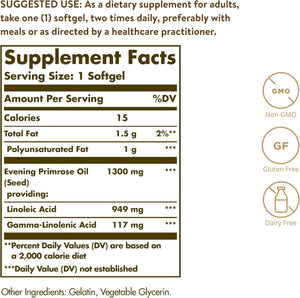 Solgar Evening Primrose Oil 1300 mg, 60 Softgels - Promotes Healthy Skin - Nutritional Support for Women - Non-GMO, Gluten Free, Dairy Free - 60 Servings