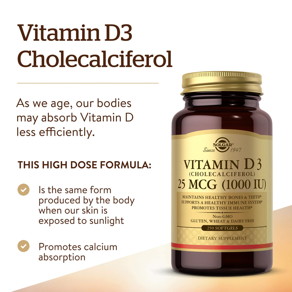 Solgar Vitamin D3 (Cholecalciferol) 25 MCG (1000 IU), 250 Softgels - Helps Maintain Healthy Bones & Teeth - Immune System Support - Non-GMO, Gluten-Free, Dairy Free - 250 Servings
